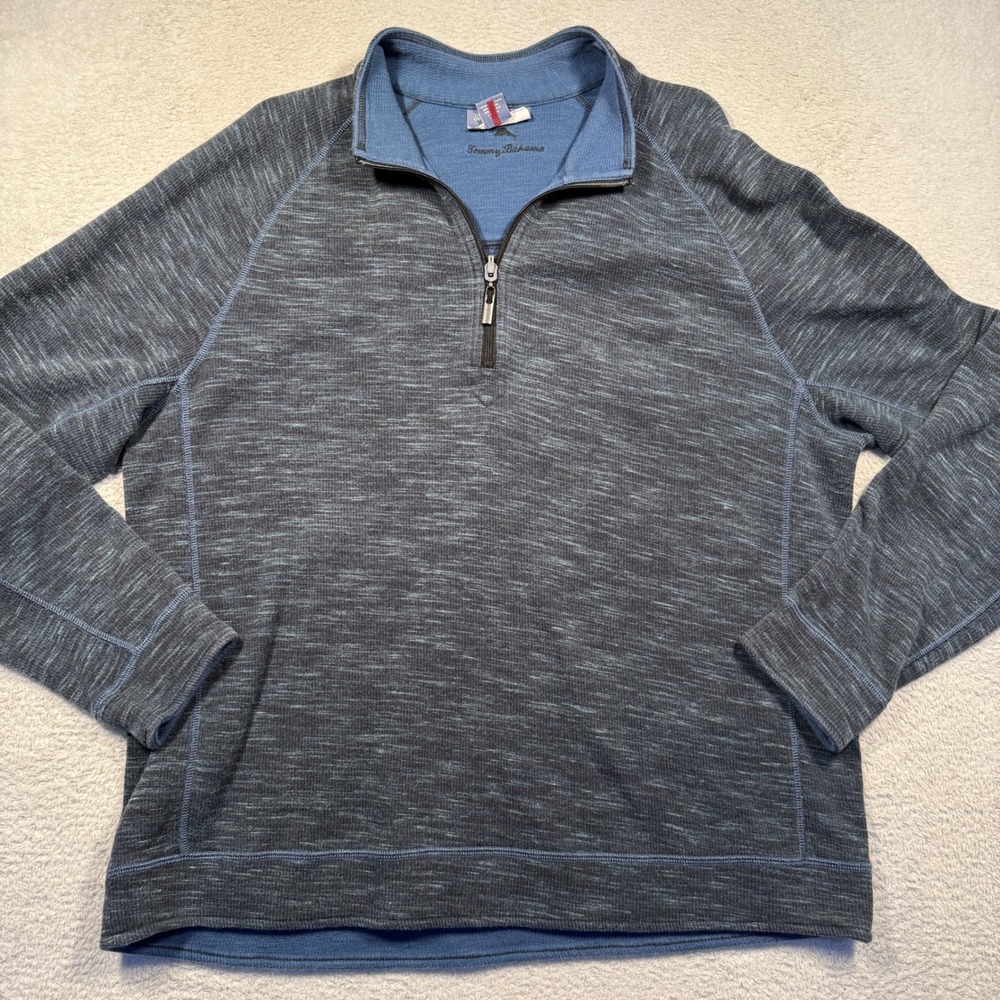 Tommy‎ Bahama Quarter Zip XL Reversible Heathered Blue Cotton Tencel Lyocell